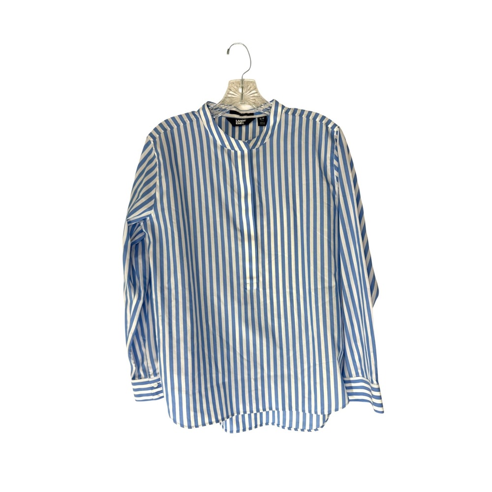 Lands' End Blouse Blue White Striped Mock Neck Oeko Tex No Iron Small